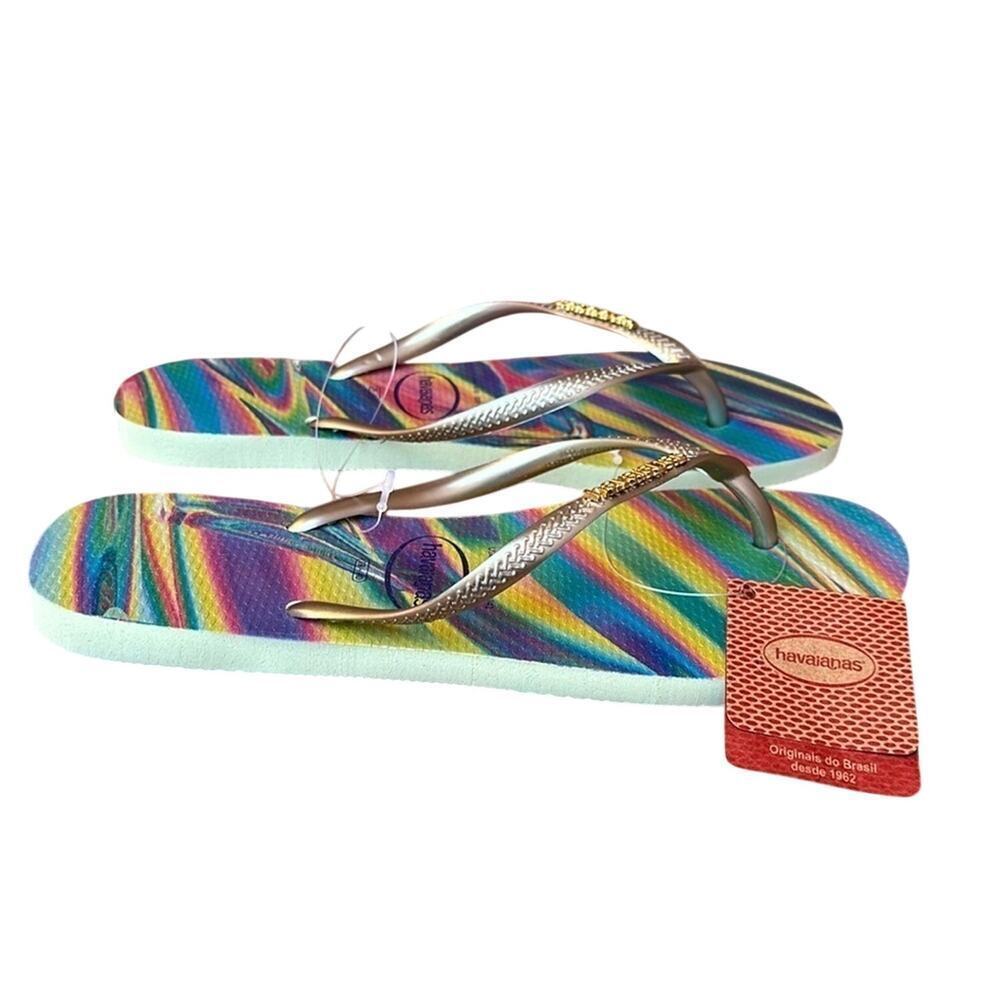 NWT Havaianas Slim Iridescent Flip Flop Sandals Lime Green Women’s Size 9/10 New
